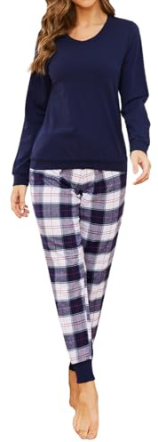 Mnemo Ensemble Pyjama Femme à Carreaux en Coton, Manches Longues, Bleu et Blanc, Taille L