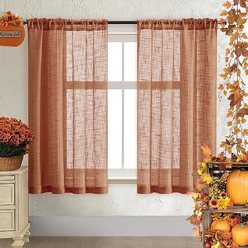 SHINELAND Burnt Orange Fall Sheer Curtains 63 Inch Length for Living Room 2 Panels Set,Colorful Boho Funky Hippie Curtains for Bedroom Dining Room