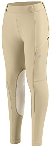 SANTINY Girls Horse Riding Pants with Zipper Pockets Kids Stretchy Equestrian Breeches Knee-Patch Youth Schooling Tights (Dusty Khaki_L)