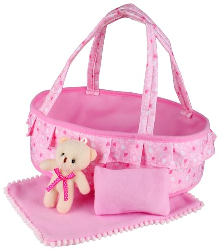 Baby Doll Cradle Bassinet Portable Doll Carrier Carry Bag Doll,Baby Doll Accessories Playset,Soft Pillow Quilt Bear,for 8-9-10-11-12 Inch Smaller Alive Baby Doll,Pretend Play Toy (Heart Pattern)