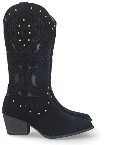 Stivale da Donna con Tacco, Comodo, con Intagli e Borchie sul Gambale, Chiusura con Zip, Primavera Estate 2023 Nero Talla 38