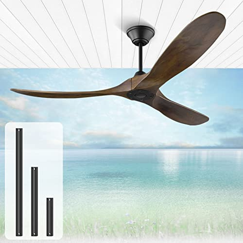 Deckenventilator im Freien, holz deckenventilator ohne beleuchtung, 132cm Deckenventilator mit Fernbedienung ist leistungsstark und leise Es kann in feuchter Umgebung verwendet werden (Walnuss)