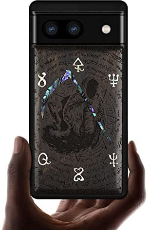 Carveit Designer Wooden Case for Google Pixel 6a Case Protective Cover [Wood Engraving & Shell Inlay] Compatible with Wireless Chargers Pixel 6a Case (Grim Reaper-Blackwood)