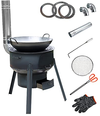 mumisuto Poêle de Tente de Camping, Réchaud à Bois Portable en Acier Inoxydable, Poêle à Bois Amovible pour Barbecue en Plein Air, Barbecue, Randonnée, Voyage, Pique-nique(43cm + 3 Plaques De Cuisson)
