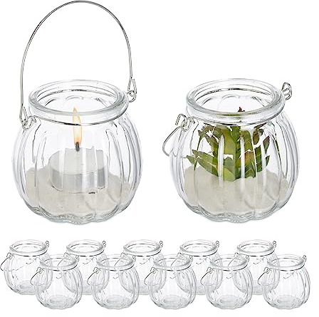 Relaxdays Windlicht Glas, 12er Set, Teelichthalter mit silbernem Henkel, HxD: 7,5 x 8 cm, Kerzenglas, rund, transparent
