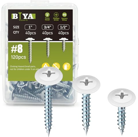 White Head Screws,120pcs #8 Thread Truss Head Fast Self Tapping White Pan Cabinet Screws Wood Work for Wall Plates, 1/2 Inch, 3/4 Inch, 1 Inch