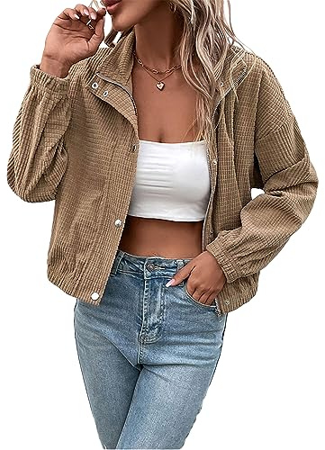 FeMereina Women Corduroy Jacket Long Sleeve Winter Fall Lapel Zipper Jacket Solid Color Cropped Shacket Jacket Y2K Streetwear (Brown, XL)
