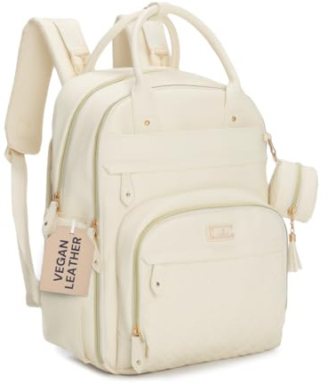 BabbleRoo Leather Diaper Bag Backpack - Baby Essentials Travel Baby Bag, Multi function, Water-Resistant, with Changing Pad, Stroller Straps & Pacifier Case – Unisex, Eggshell White