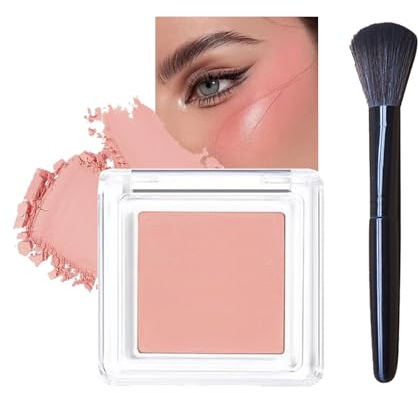 Korean Nude Peach Powder Blush with Brush - Natural Glow Matte Face Powder for Long-Lasting Coverage and Smooth Finish for Women & Girls