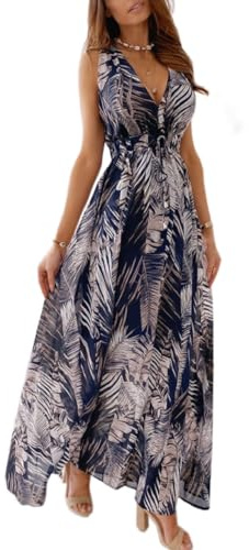 Joligiao Vestiti Donna Estivi Lunghi Eleganti Abiti Donna Scollo a V Senza Maniche Casual Vestito Boho Fiore Stampato Estivo Lungo Etnico Vestito Donna Curvy da Cerimonia Spiaggia(Blu,XL)