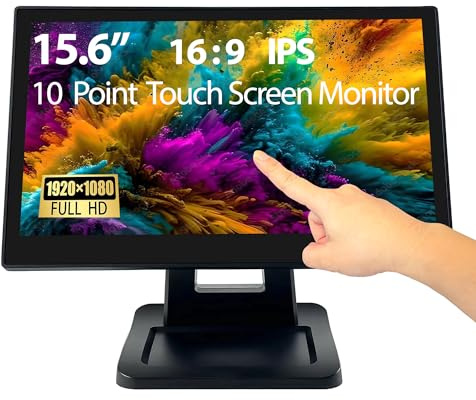 ANGEL POS Monitor 15,6 pollici 1920x1080 FHD IPS POS con supporto in metallo, 10 punti touch HDMI VGA, display antipolvere impermeabile 1080p, industriale, ufficio, vendita al dettaglio, palestra