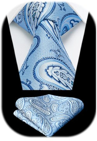 HISDERN Blau Krawatte Herren Paisley Einfarbige Hochzeit Krawatten für Herren mit Einstecktuch Klassische Herren