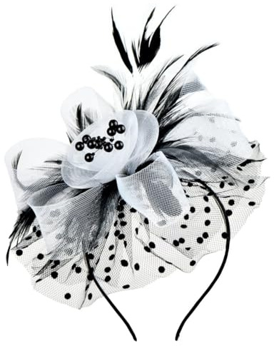 Vintage-Fascinator mit Federn, Blume, für Damen, Haarschmuck, Hochzeit, Party, Netz, Schleier, schwarz / weiß, 1 count (Pack of 1)