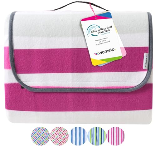 wometo eco-line nachhaltige Picknickdecke wasserdicht 200x200 100% recyceltes Fleece XXL Outdoor Gesteppte Campingdecke Stranddecke Streifen pink rosa isoliert waschbar