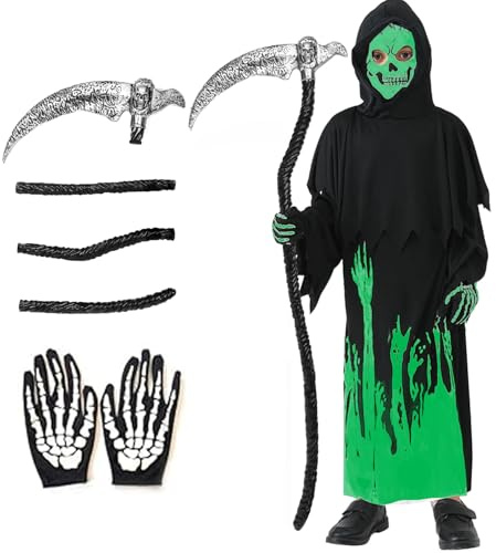 HarnyLoom Deguisement Faucheuse Enfant Fantôme Robe Lumineux Costume Grim Reaper Cape Garcons Hooded à Capuchon Noire Gants Faucille Halloween Cosplay (M)