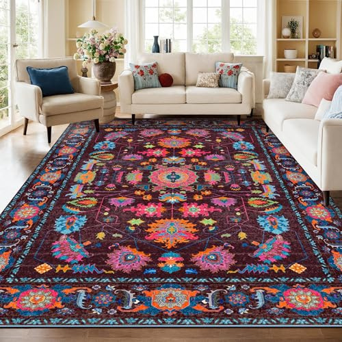 8x10 Area Rugs Living Room Washable Non Slip Low Pile Oushak Vintage Stain Resistant Soft Large Oriental Rugs for Bedroom, Dining Room, Kitchen, Indoor Leisure Rooms, Nova Burgundy Fuchsia Orange Soda