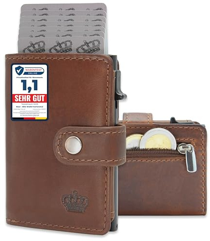 Baur Slim Wallet in vera pelle – portafoglio pop-up alluminio & protezione RFID – piccolo portafoglio da uomo con portamonete – smart wallet (Portamonete con cerniera, marrone scuro)