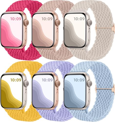 Maledan 6-pack flätat klockarmband som är kompatibelt med Apple Watch-remmar 40 mm, 38 mm, 41 mm, 42 mm, för kvinnor, män, justerbar nylon, stretchigt, elastiskt sportband för iWatch SE, Series 10, 9,