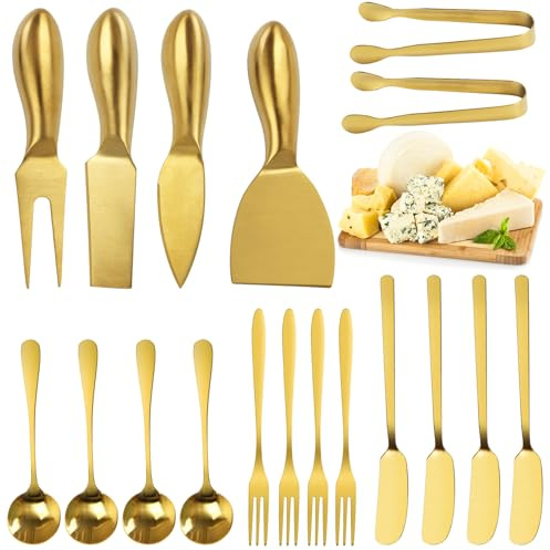 YECERCAN 18 pieces Charcuterie Board Accessories, Gold Stainless Steel Cheese Knives, Butter Knife Spreader, Appetizer Forks, Mini Serving Tongs Spoons for Gathering Wedding Birthday...