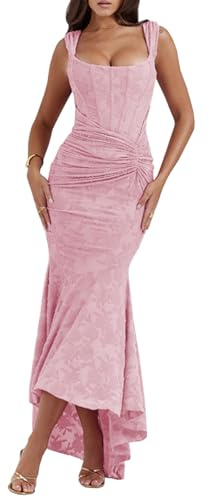TACSTRUN Abito Corsetto Sexy Tubo Superiore Spaghetti Cinghia Midi Vestito Basso Taglio Flowy Floreale Orlo Formale Abiti,Rosa,M