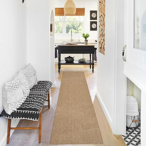 USTIDE Sisal-Läuferteppich, natürlich, grob, strukturiert, rutschfest, waschbar, für Flur, Tür, Küche, Läufer, für drinnen und draußen, 60 x 200 cm