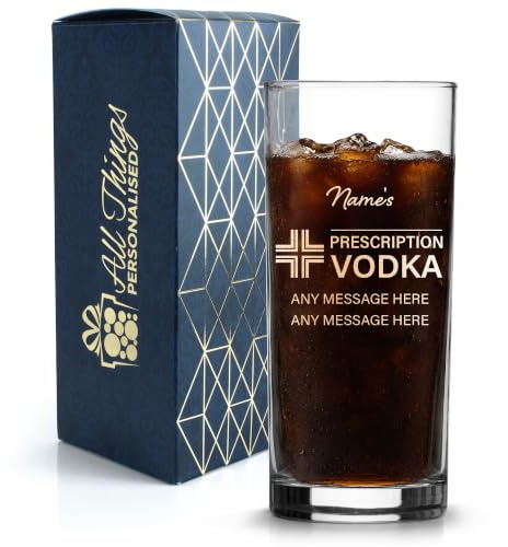 Personalised Engraved Vodka Glass - Fun Custom Name Prescription Design - 340ml Highball Tumbler - Funny Gift for Dad, Him or Men for Birthdays, Christmas - Laser Engraved, Gift Box Included, 340ml