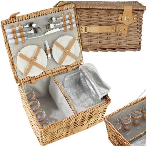 tectake®, cestino da picnic vimini, per 4 persone, scomparto termico, accessori picnic 21 pezzi, coperta per pic nic, campeggio, camping accessori, camper e cucina campeggio, cesto picnic - Föhr