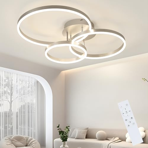 ZMH Deckenlampe LED Deckenleuchte Wohnzimmer 74W Wohnzimmerlampe dimmbar | 82CM Schlafzimmerlampe mit Fernbedienung in Silber Modern Design3 Ring aus Metall Deckenbeleuchtung für Schlafzimmer Küche