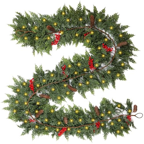 9FT Prelit Christmas Garland, Realistic Green Pine Garland with Lights Battery Operated for Mantle Stairs Railing Fireplace Table Indoor Xmas Decor