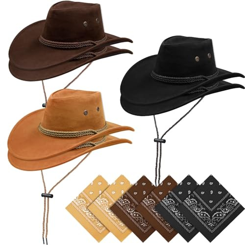 TESIN 6 Stück Cowboyhüte mit Bandanas Set, Cowboyhut Party für Damen & Herren, Kostüm-Set für Cowboy-Motto-Party, Karneval & Erwachsene (Klassische Farben)