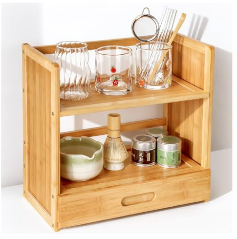 AIEVE Matcha Station Organizer, 2-Tier Bamboo Countertop Organizer with Hidden Drawer, Coffee Station Mug Holder Shelf for Kitchen Office Bathroom Display Storage Organization