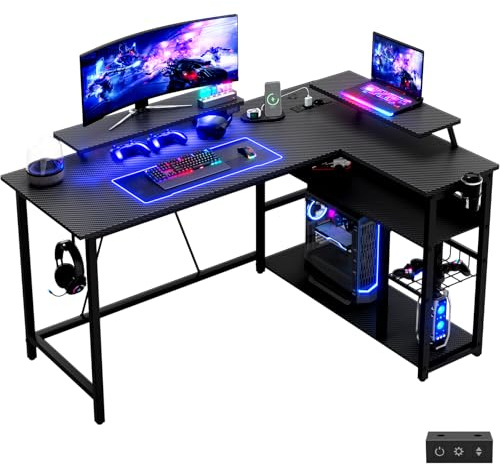 Devoko Gaming-Schreibtisch Ecke 140x80cm, Doppel-Monitorhalterung, Schwarz | Eckschreibtisch mit LED-Beleuchtung, höhenverstellbarer Ablage & Carbon-Optik, L-Form Schreibtisch mit Großer Stauraum