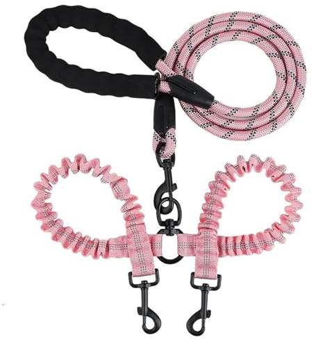 Dubbelkoppel för husdjur, hund, elastiskt rep, två huvuden, nylon, ett drag, husdjur, handhållande rep, anti-lindning, elastiskt hundkoppel (ljusrosa)