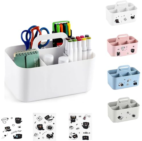 Cesta Organizadora con Asa, Organizador Escritorio con 5 Compartimentos | Cajas Almacenaje Plastico con 3 Pegatina Cesta de Plástico para Limpieza, Manualidades, Baño (Blanco, 25×15.4×17cm)