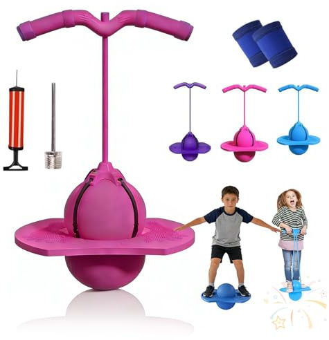 Pogo Jumper Ball for Kids & Adults, Balance Jumping Ball with Handle and Pump, Bounce Jump Trick Board, Strong Grip Deck Sticks for Boys & Girls, Exercise Balance Coordination Ability (Pink)