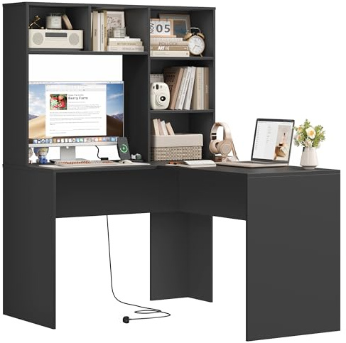 FirFurd Hörnskrivbord med bokhylla, 2 AC-uttag och 2 USB-portar, L-formad datorskrivbord, PC-hörnskrivbord med trähyllor, 108 x 125 x 153 cm (svart)