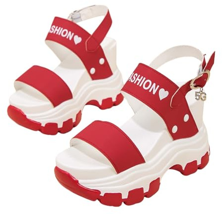 Damsandaletter, sommar, damsandaler med fiskmun, kilplatåsandaler, sandaler, sommarmode, strandsandaler, platåsandaler, platåsandaler, höga skor, röd, 40 EU