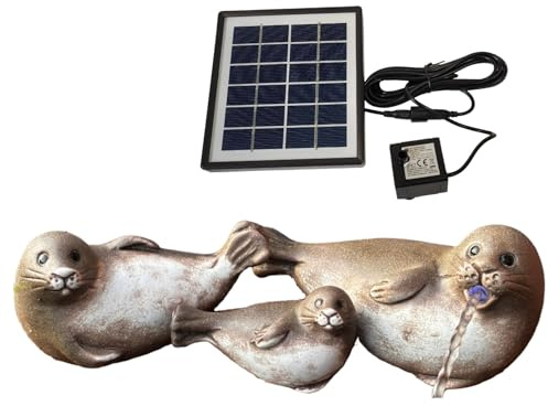 Storm's Gartenzaubereien Juego de 3 sellos de gárgolas solares de cerámica, incluye bomba solar, figuras decorativas marítimas para jardín/balcón, fuente de estanque sin corriente con cable de 3 m
