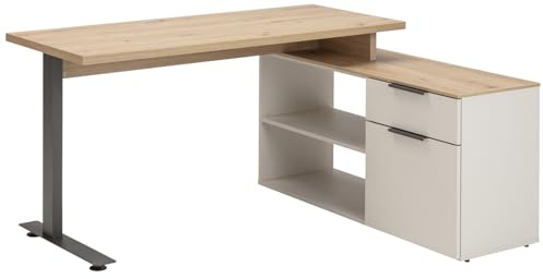 Composad | Scrivania Angolare della Linea PRONTO con 1 Anta, 1 Cassetto e 1 Vano, Scrivania Ufficio e Home Office, (LxAxP):149,5x120x74,2 cm, Grigio Cashmere Topmatt e Rovere Mielato