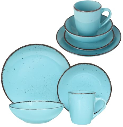 LIVELLO DUNA Tafelservice 24-teilig für 6 Personen – Steingut Geschirrset mit Speisetellern, Suppentellern, Desserttellern & 450 ml Bechern, Spülmaschinen- & Mikrowellengeeignet, Türkis
