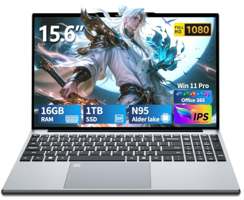Win11 Notebook, 15.6 Pollici PC Portatile 16GB RAM DDR4 1TB SSD, 180° Flip FHD 1080P Laptop Office 365, Celeron N95 CPU, Webcam/BT4.2/USB3.0, Tastiera Retroilluminata/Sblocco Impronta Digitale