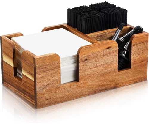 Aundhegrtt Barra de Madera con 6 Compartimentos, Organizador de Servilletas y Pajitas de Madera de, Soporte para Servilletas de Cóctel y Condimentos