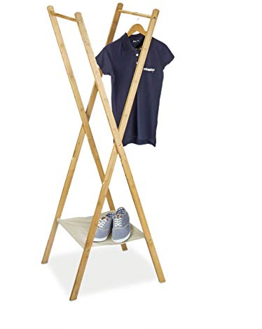relaxdays Perchero Burro con Estante, Toallero, Tendedero Plegable, 2 Barras, Bambú y Tela, 155,5 x 50 x 57,5 cm, Marrón