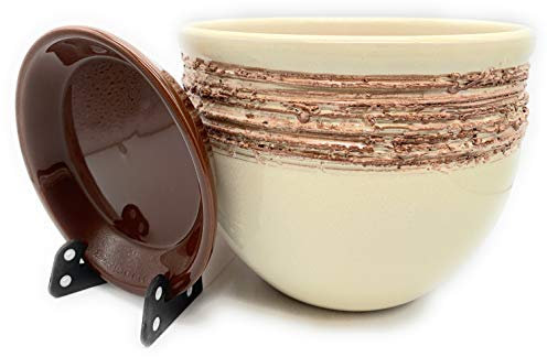 Sun Cakes Pot de Fleurs en Terre Cuite émaillée avec Soucoupe Rond avec bac à Goutte Pot de Fleurs Argile Motif Rayures - 16cm x 12cm - Ivory-Brown