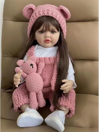 ZIYIUI 19 Zoll langes braunes Haar Silikon Vinyl Ganzkörper anatomisch korrekte lebensechte wiedergeborene Babypuppe realistische Neugeborene Kleinkind Mädchen Puppen in rosa Wollset