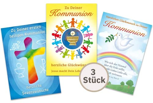 Perleberg Kommunionkarten Set mit Umschlag 11,6 x 16,6 cm - 3 Hochwertige Glückwunschkarten zur Kommunion - zufälliges Motiv - Karte zur Kommunion Mädchen & Jungen - Ideal für Geldgeschenke