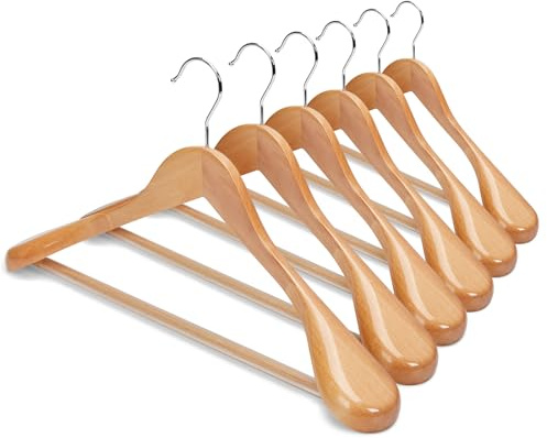 HOUSE DAY Perchas de Madera para Hombros Anchos, Paquete de 6 con Barra Antideslizante para Pantalones, Pulido,Perchas de Madera Maciza para Traje, Perchas para Vestido, Chaqueta (naturali)