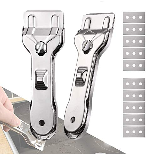 CYH 2 pezzi Raschietto in Acciaio Inox, Raschiatore per Piano Induzione, Piani in Vetro, Ceramica, Forno e Ceramica, con 10 Lame di Ricambio