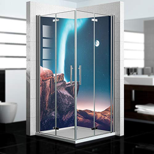 dedeco Eck-Duschrückwand wasserfest Motiv: Polarlicht V1, 2 x 90x200 cm, Badrückwand, Fliesenersatz fugenlos Wandverkleidung Duschplatte Duschrückwände aus Aluminium, Made in Germany