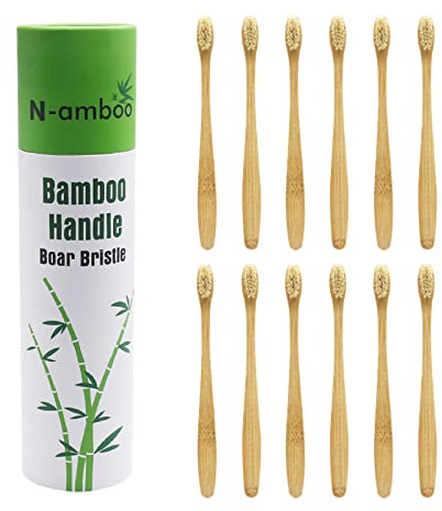 N-amboo Boar Bristles Natural Bamboo Toothbrush Eco-Friendly Biodegradable Zero Waste Pack of 12